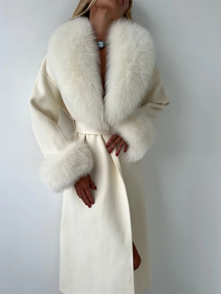Women's Solid Color Lace Up Fur Collar Woolen Overcoat Bathrobe Style Long Loose Coat Advanced Atmosphere Autumn Winter Overwear