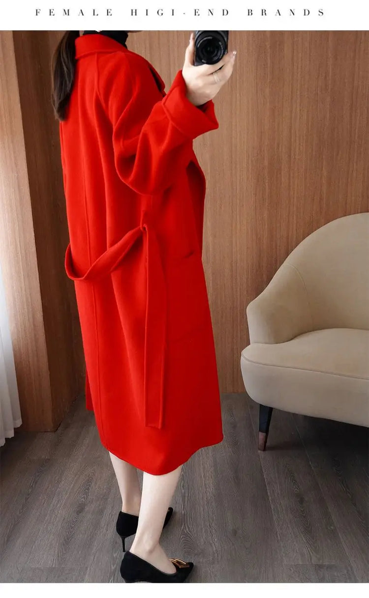 100% Wool Coat Women's Wear 2026 Autumn/Winter Fashion Temperament Double sided Cashmere Coats with Belt Elegant Long Overcoat