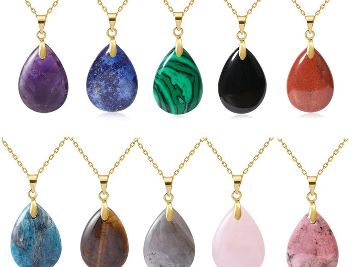 New Fashion Natural Stone Crystal Pendant Teardrop Simple Pendant Necklace Earrings Making Jewelry With Chain collar PlatiNum