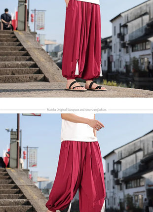 Pantaloni a Gamba Larga Stile Etnico per Uomo, Pantaloni in Lino Comodi e Traspiranti, Pantaloni da Ballo, Abbigliamento Casual Quotidiano, Pantaloni Hanfu, Taglie Fino a 8XL