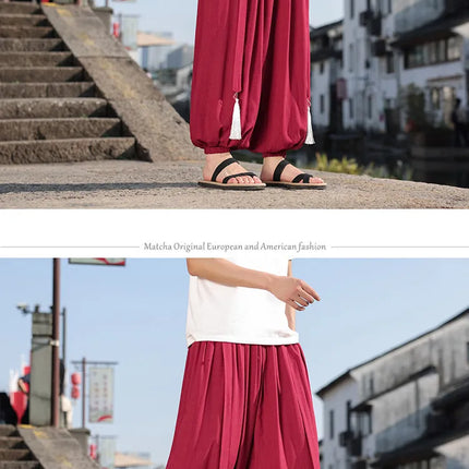 Pantaloni a Gamba Larga Stile Etnico per Uomo, Pantaloni in Lino Comodi e Traspiranti, Pantaloni da Ballo, Abbigliamento Casual Quotidiano, Pantaloni Hanfu, Taglie Fino a 8XL