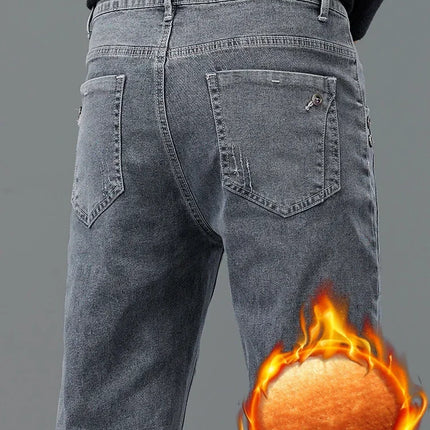 Thick Warm Slim Fleece Jeans Men's Winter New Business Stretch Velvet  Trousers Korean Gray Plush Denim Pants Male
