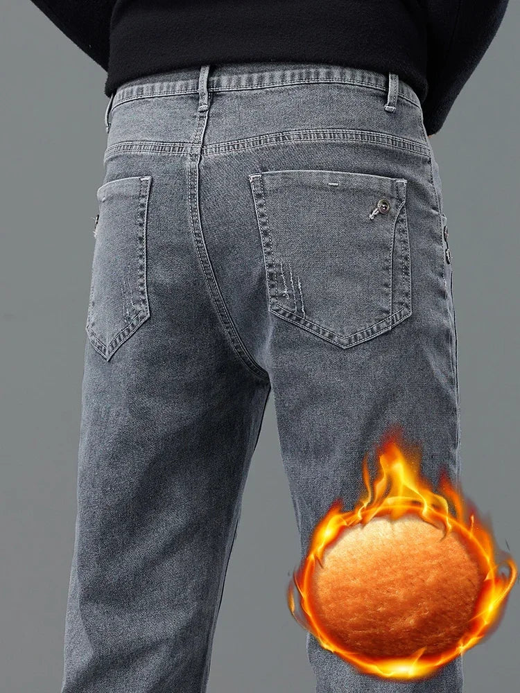 Thick Warm Slim Fleece Jeans Men's Winter New Business Stretch Velvet  Trousers Korean Gray Plush Denim Pants Male