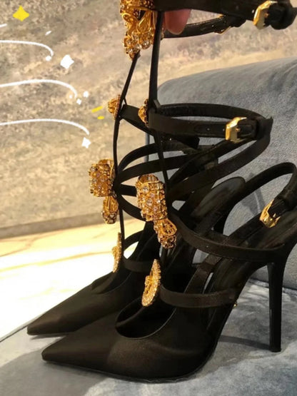 Sex Pointed Toe Bow-knot Female Pumps Crystal Fine Heels Women Sandals Buckle Strap Stiletto Lady Dress Shoes Zapatos Mujer