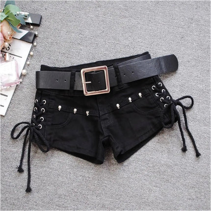 Korean Low Rise Denim Shorts 2024 - Riveted Lace Up Bodycon Black Hot Pants Vintage Cheeky Booty Summer TikTok Y2K Outfit PlatiNum