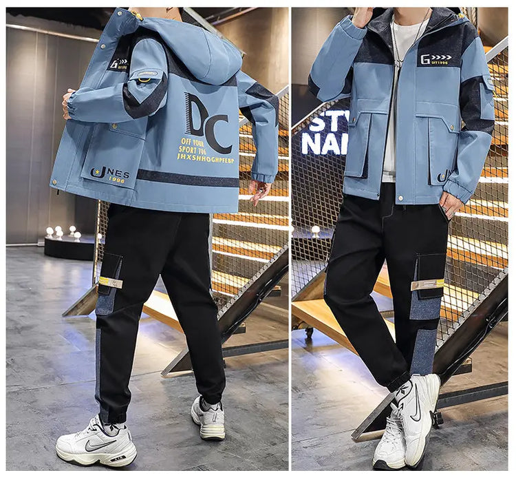 Men's Casual Sports Sets Spring Autumn Tracksuit Jogging Set Patchwork flight Hooded jacket pants two Piece