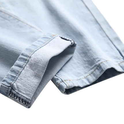 Casual Men's Light Blue Denim Jeans Ripped Straight Leg Slim Fit Non-Elastic Torn Casual Style Chinese Production PlatiNum