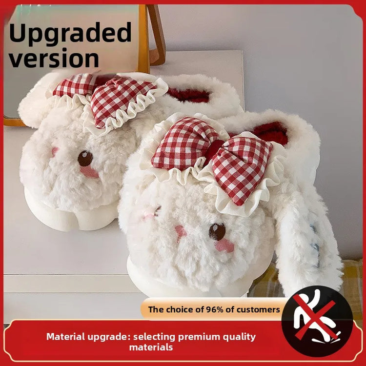 2026 New Women's Cotton Bow Bunny Slippers Winter Indoor Home Warm Household Wool Cotton Shoes Women Wear Indoor Winte