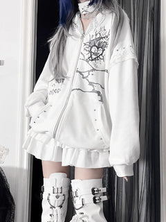 Original Print Subculture Dark Loose Cat Ear Distressed Hooded Sweatshirt Jacket Zip Up Hoodie Oversized Hoodie
