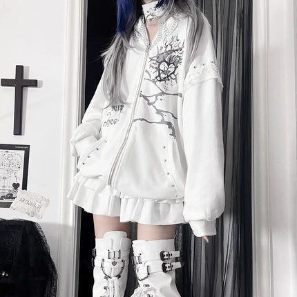 Original Print Subculture Dark Loose Cat Ear Distressed Hooded Sweatshirt Jacket Zip Up Hoodie Oversized Hoodie