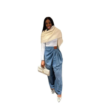 Jeans da Donna a Gamba Larga Lavati a Vita Alta con Pieghe e Effetto Distressed, Denim Vintage Primavera 2026, Pantaloni Femminili Streetwear a Tutta Lunghezza