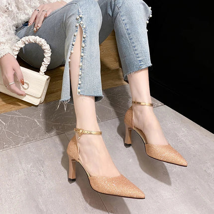 Bling Gold Silver Women Pumps 2023 Sexy Point Toe Thin Heel Party Wedding Shoes Womens Summer Ankle Strap 8cm High Heels Shoes PlatiNum