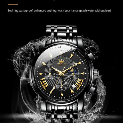 OLEVS Orologi al quarzo da uomo Orologi di marca in acciaio inossidabile Orologio sportivo impermeabile per uomo Cronografo con fasi lunari platinumshop