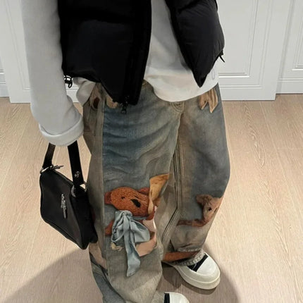 Jeans Y2K con Stampa Orsetto, Pantaloni a Gamba Larga Stile Vintage alla Moda per Donna, Primavera Autunno