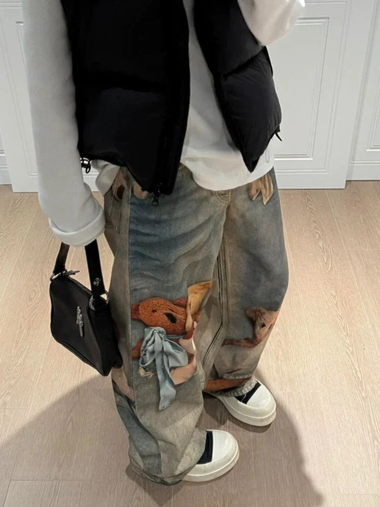 Jeans Y2K con Stampa Orsetto, Pantaloni a Gamba Larga Stile Vintage alla Moda per Donna, Primavera Autunno
