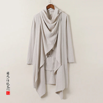 2025 Autunno Uomo Baggy Bello Fresco Trench Stile Cinese Mantello Camicie Moda Casual Lino Irregolare Mens Mantello Lungo Giacche a vento