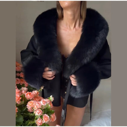 Women Faux Wool Short Coat Faux Fur Collar Cuffs Patchwork Lace-Up Coats Elegant Loose Luxury Ladies Autumn Winter Outerwear