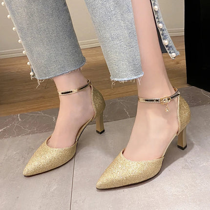 Bling Gold Silver Women Pumps 2023 Sexy Point Toe Thin Heel Party Wedding Shoes Womens Summer Ankle Strap 8cm High Heels Shoes PlatiNum