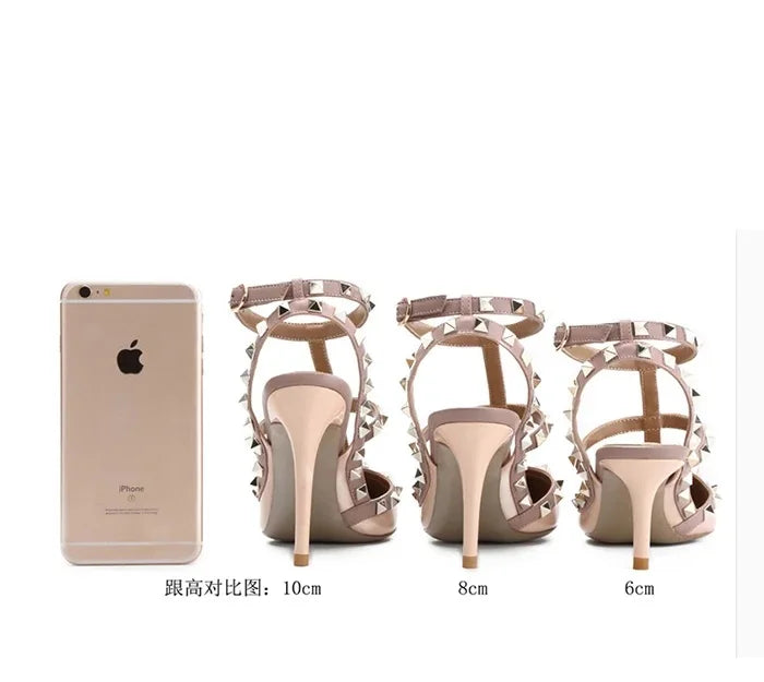 Shoes For Women 2025 Summer Luxury Punk Metal Rivet High Heels Gladiator Pointed Toe Stiletto Sandals Elegant Sexy Party Shoes