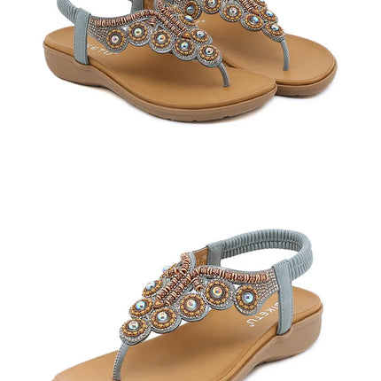 New 2026 Women's Summer Bohemian Style Sandals, Flip-Flop Design with Beaded and Rhinestone Buckle, Elastic Heel Strap, Comfortable Everyday Shoes