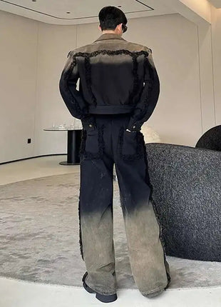 LUZHEN Denim American Sets Gradient Burr Personalized Tassel High Street Wornout Fashion Straight Jeans Retro Two Piece LZ9010 PlatiNum