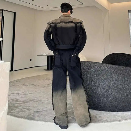 LUZHEN Denim American Sets Gradient Burr Personalized Tassel High Street Wornout Fashion Straight Jeans Retro Two Piece LZ9010 PlatiNum