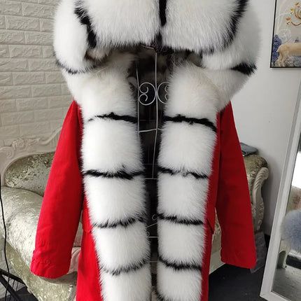 Winter Long Jacket Real Fur Coat Women Clothes Large Silver Fox Fur Collar Detachable Natural Fox Lining Parkas Leather Fur