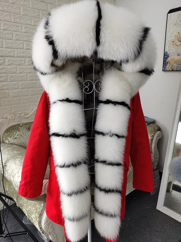 Winter Long Jacket Real Fur Coat Women Clothes Large Silver Fox Fur Collar Detachable Natural Fox Lining Parkas Leather Fur