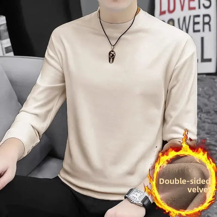 Thickened Double-sided Velvet Long Sleeve T-shirt Men's Underwear Solid Color Fleece-lined Heavyweight Crew Neck Base Shirt PlatiNum