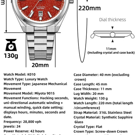 AddiesKIN Men Watch BGW9 Luminous Red Goldstone Dial Sapphire Glass 20Bar Waterproof Japan 9015 K010 Automatic Mechanical Watch