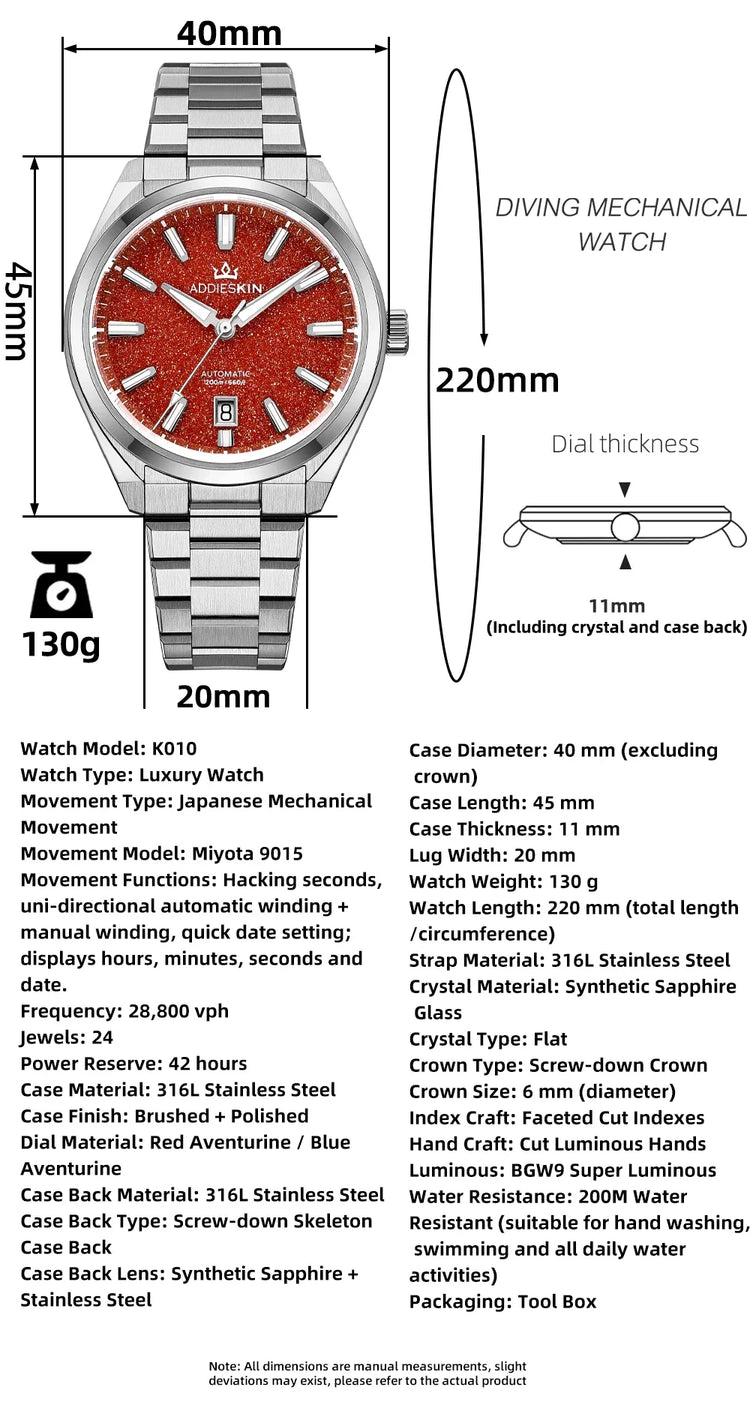 AddiesKIN Men Watch BGW9 Luminous Red Goldstone Dial Sapphire Glass 20Bar Waterproof Japan 9015 K010 Automatic Mechanical Watch