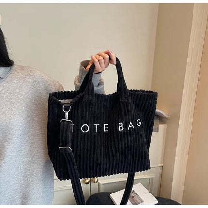 Large Capacity Striped Velvet Handbag Shoulder Bag for Woman Handbags Crossbody Bags, Versatile Letter Corduroy Women's Tote Bag PlatiNum