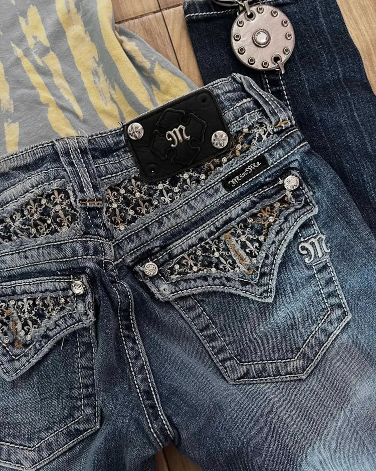 Jeans Boot Cut Retrò Miss Me da Donna, Nuovi Jeans Blu Y2K con Tasche Ricamate, Stile Hip Hop Harajuku Gotico, Pantaloni Larghi Streetwear