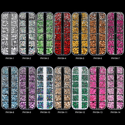 12 Grids Mixed Size Nail Rhinestones SS6 to SS30 Shiny Clear Gold Pink Blue Flat Back Glass Gems for DIY Nail Art Manicure Decoration Supply