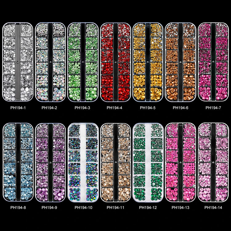 12 Grids Mixed Size Nail Rhinestones SS6 to SS30 Shiny Clear Gold Pink Blue Flat Back Glass Gems for DIY Nail Art Manicure Decoration Supply