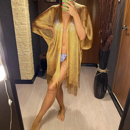 Abito copricostume da spiaggia lavorato a maglia trasparente con nappe sexy con frange Tunica in rete lucida per costumi da bagno da donna Abito da spiaggia leggero con copertura in rete platinumshop