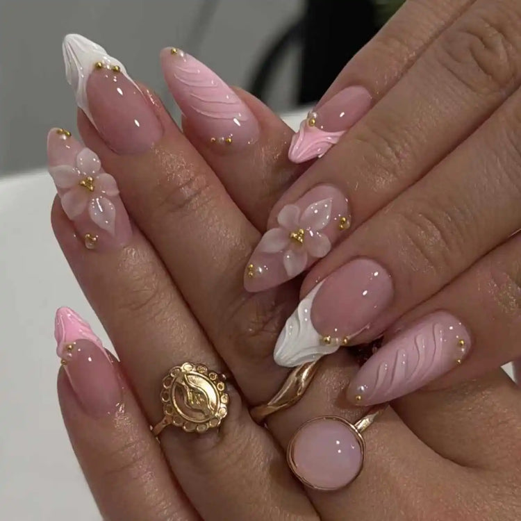 24pcs Pink Flower Almond Press on Nails Kawaii False Nails Wearable Stick-on Nails Fake Nail Uñas Postizas Накладные Ногти 네일팁2028