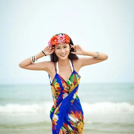 Copricostumi stampati Abito da spiaggia sexy Donna Halter Sling Chiffon Asciugamano da spiaggia Bikini Wrap Pareo Gonne Costumi da bagno aperti sul retro platinumshop
