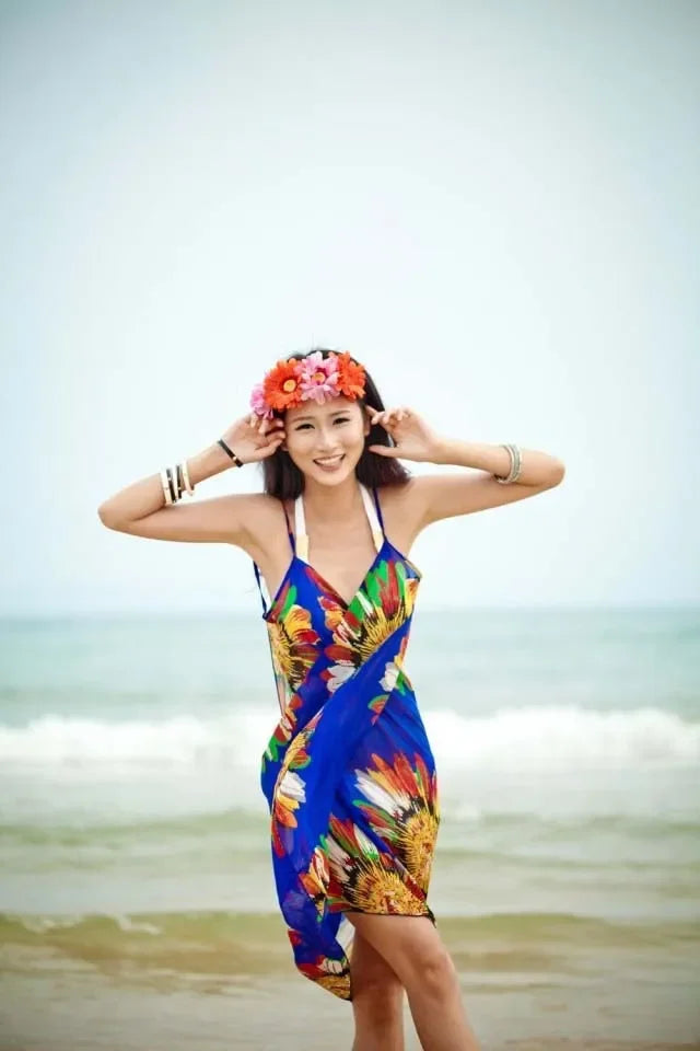Copricostumi stampati Abito da spiaggia sexy Donna Halter Sling Chiffon Asciugamano da spiaggia Bikini Wrap Pareo Gonne Costumi da bagno aperti sul retro platinumshop