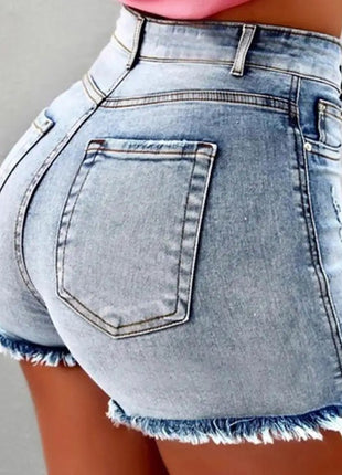 2025 Pantaloncini da donna con bordo strappato effetto consumato retrò Vita alta lavati Tasche laterali slim fit con sollevamento del sedere Pantaloni corti da festa casual da club - platinumshop