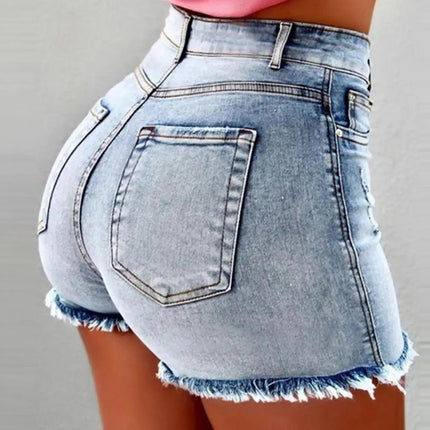2025 Pantaloncini da donna con bordo strappato effetto consumato retrò Vita alta lavati Tasche laterali slim fit con sollevamento del sedere Pantaloni corti da festa casual da club - platinumshop