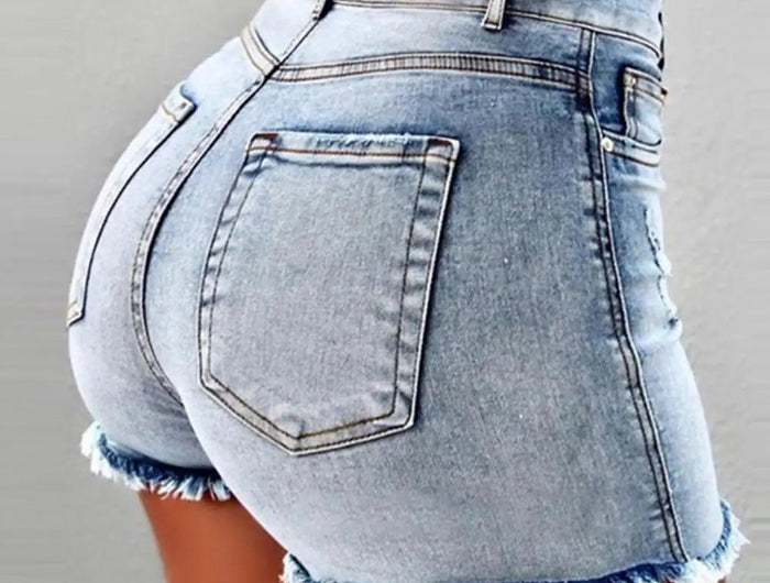 2025 Pantaloncini da donna con bordo strappato effetto consumato retrò Vita alta lavati Tasche laterali slim fit con sollevamento del sedere Pantaloni corti da festa casual da club - platinumshop
