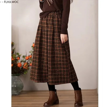 Art Mori Girls Woolen Skirts New 2025 Autumn Winter Basics Woman Cute Sweet Japanese Preppy Style Retro Vintage Long Plaid Skirt PlatiNum