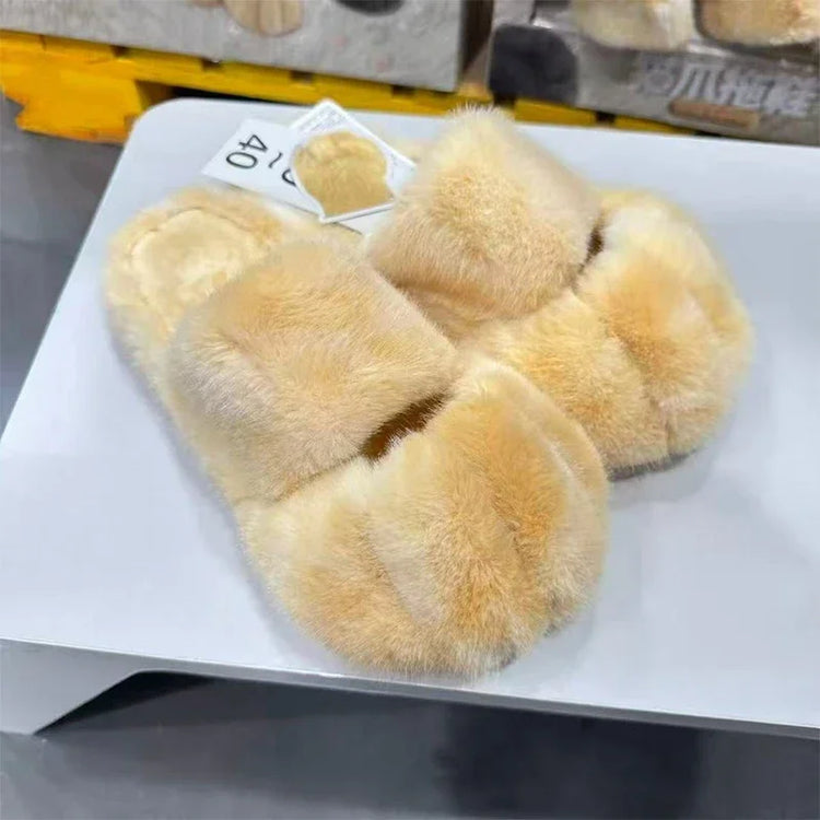 Women Kawaii Furry Cat Paw Slippers, Imitation Fur Fluffy Plush Warm Home Shoes, Comfort Flat Heel Cute Cat Slippers for Bedroom Indoor Daily Wear