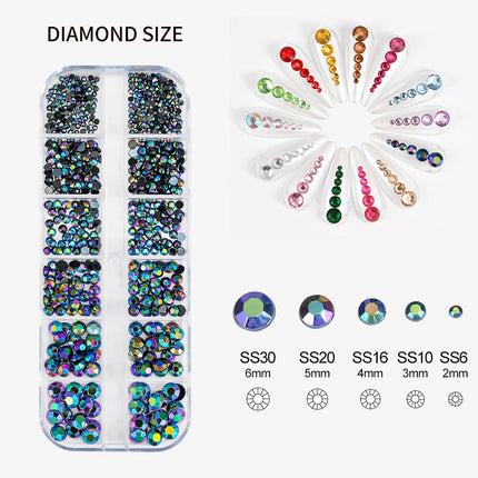 12 Grids Mixed Size Nail Rhinestones SS6 to SS30 Shiny Clear Gold Pink Blue Flat Back Glass Gems for DIY Nail Art Manicure Decoration Supply