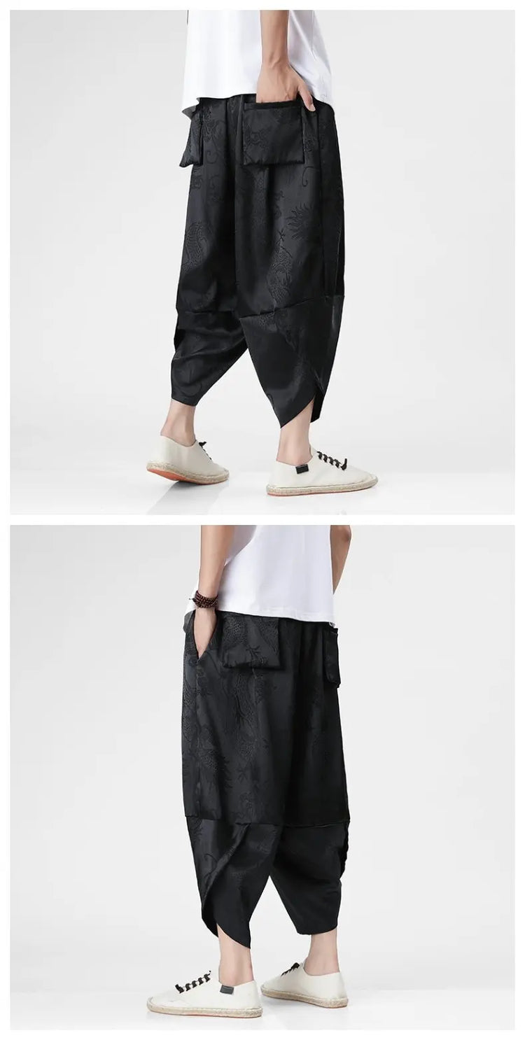 Pantaloncini in Seta Ghiaccio da Uomo, Stile Cinese, Estivi, Comodi, Pantaloni Harem Vintage Traspiranti, Tinta Unita, Lunghezza al Polpaccio