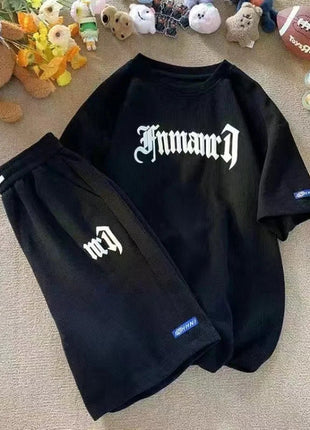 Set di abbigliamento sportivo a maniche corte in seta di ghiaccio estiva casual con waffle transfrontaliero T-shirt da uomo Set di abbigliamento da uomo abbinato platinumshop