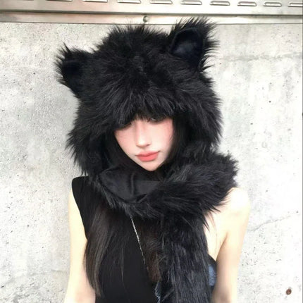Japanese Kawaii Cute Fur Scarf Hat Winter Keep Warm Y2k Aesthetic Fashion Vintage Cap Bears Ears Women Hats Grunge Streetwear