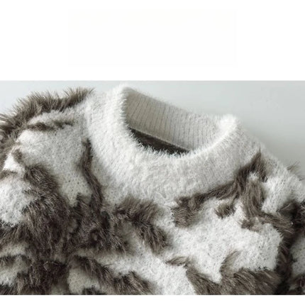 Men Jacquard Furry Sweater Long Sleeve Thick Print Faux Mink Velvet Knit Dyed Pullover O Neck High Street Warm Sweater Jumpers