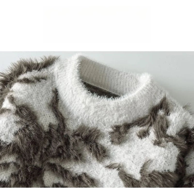 Men Jacquard Furry Sweater Long Sleeve Thick Print Faux Mink Velvet Knit Dyed Pullover O Neck High Street Warm Sweater Jumpers